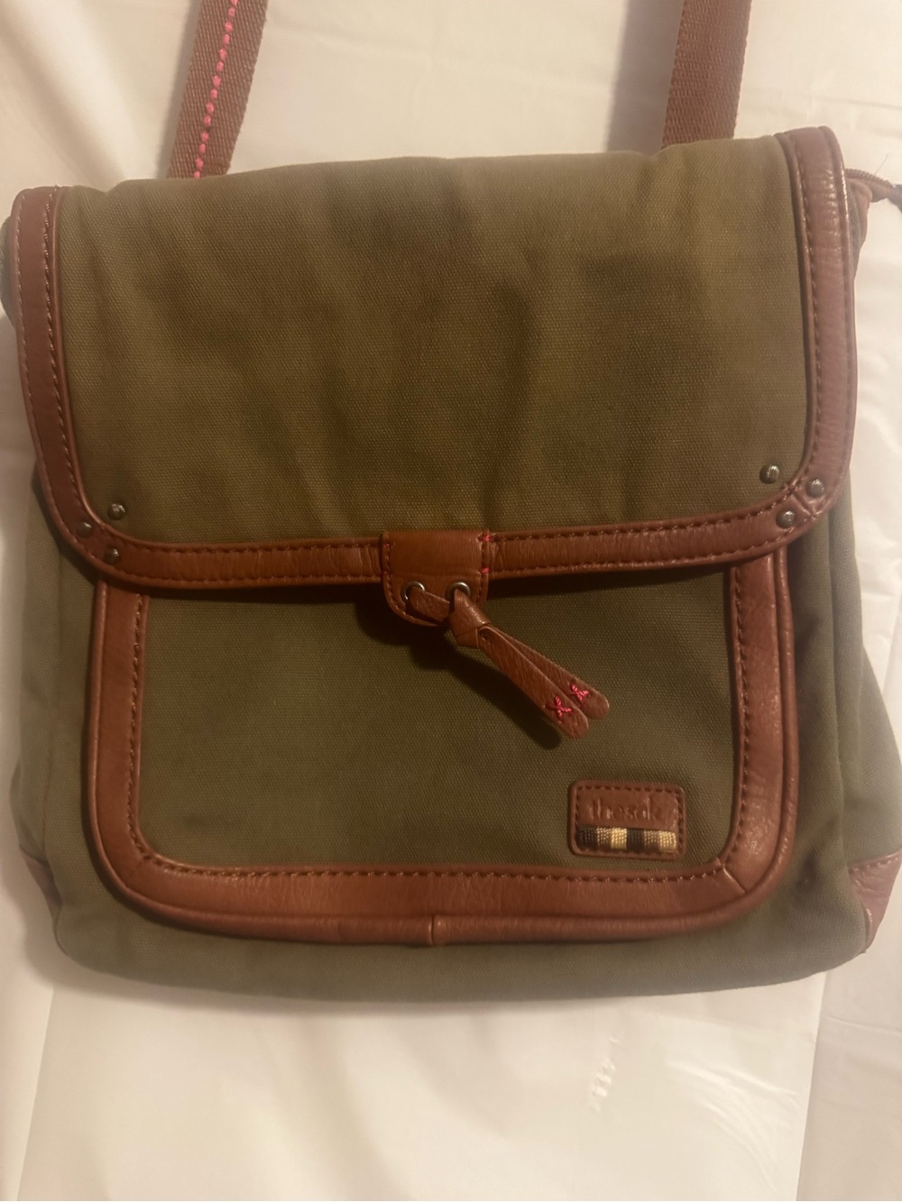 The Sak Olive Green Large Canvas Crossbody Bag with Brown Trim